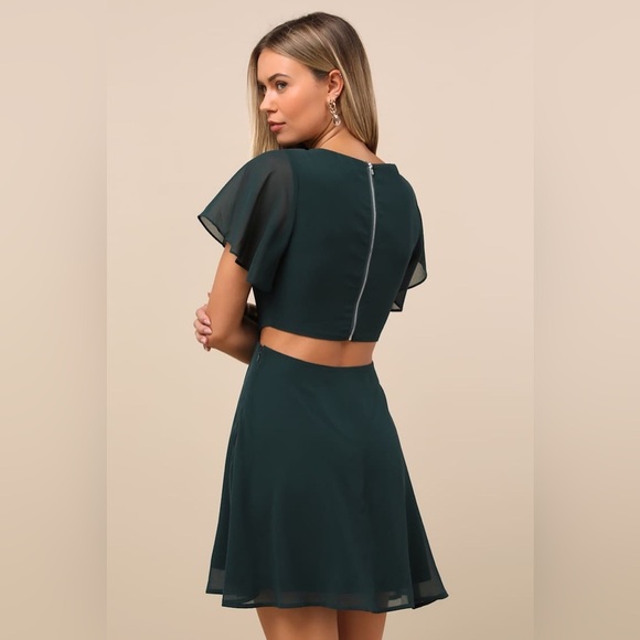 LULU’S Blissful Love Dark Green Cutout Mini Skater Dress - Picture 4 of 6